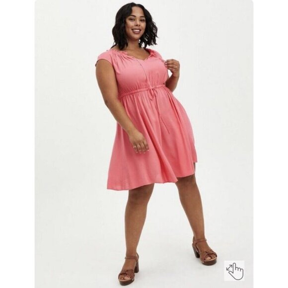 Torrid Midi Challis Tie-Front Skater Dress Size 3 3XL Pink Coral Short Sleeve - Picture 2 of 13